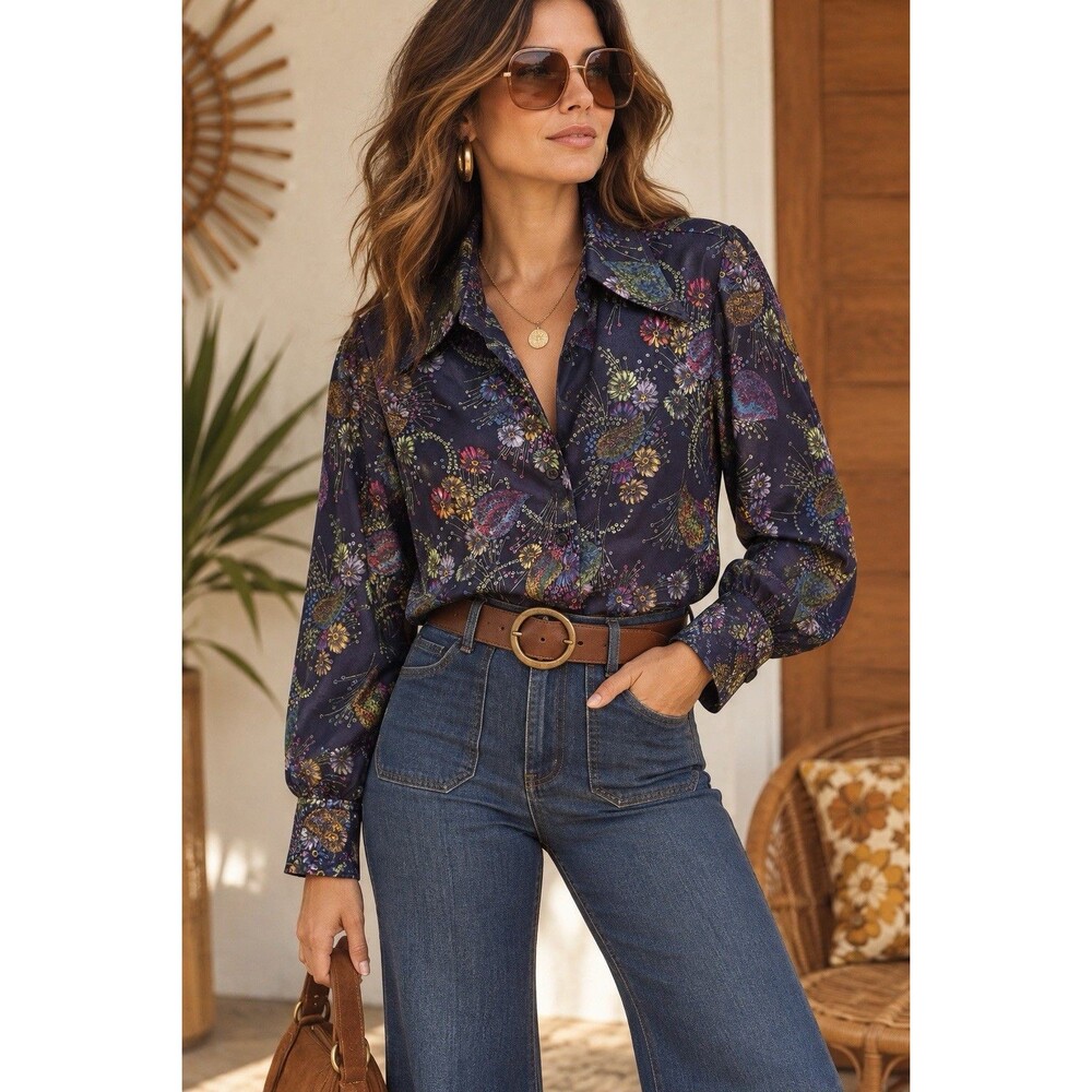 Vintage 70s Traveler by Connie Floral Blouse Dagger Collar Polyester Size 14 L